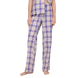 Plaid pajama pants with shades of blue and beige, featuring a loose fit and drawstring waist.