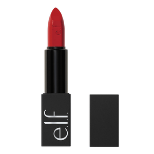 Black e.l.f. lipstick tube with red lipstick bullet, cap displayed alongside.