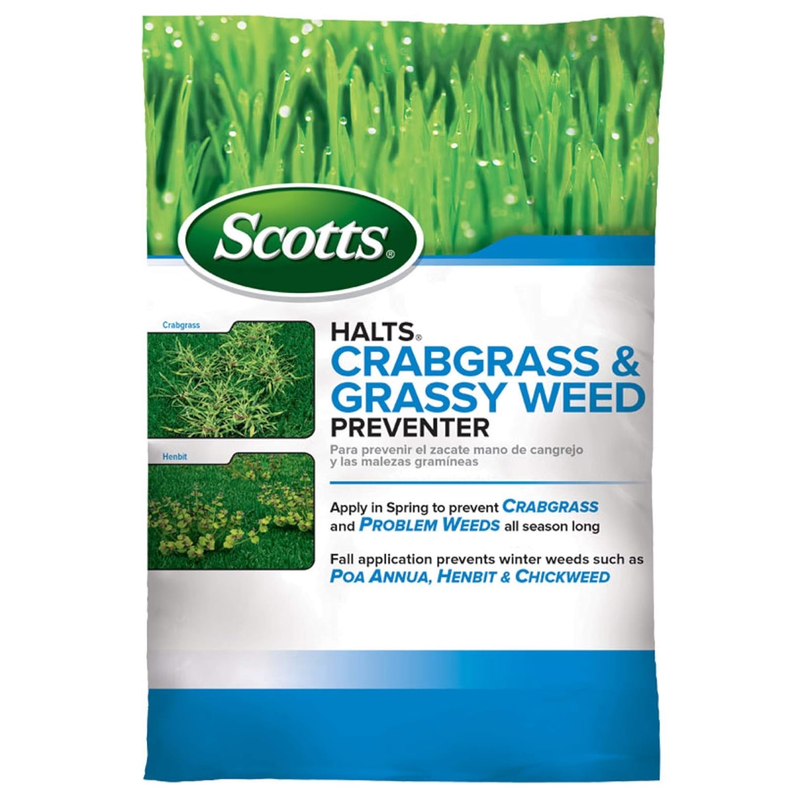 Scotts Halts Crabgrass & Grassy Weed Preventer bag, designed to prevent crabgrass and weeds all season.