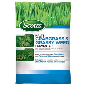 Scotts Halts Crabgrass & Grassy Weed Preventer bag, designed to prevent crabgrass and weeds all season.