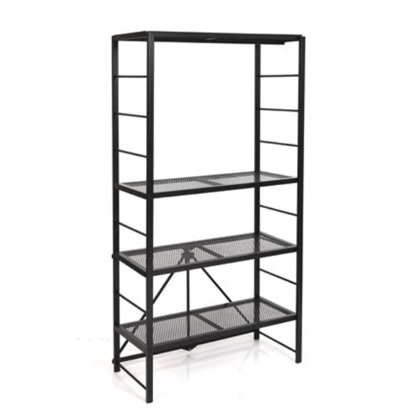 Black metal shelving unit with four mesh shelves, each adjustable in height.