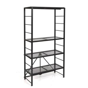 Black metal shelving unit with four mesh shelves, each adjustable in height.