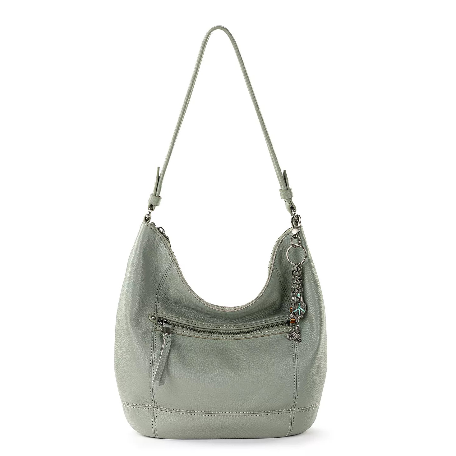 A light grey shoulder bag with an exterior zip pocket and a decorative chain charm.
