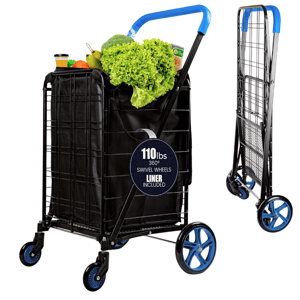 Folding shopping cart with black liner, 110 lbs capacity, blue handle, and 360° swivel wheels.