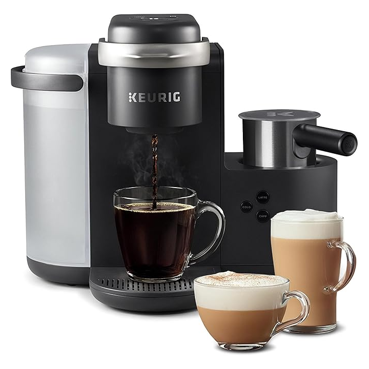 The Keurig K-Cafe Coffee & Latte Maker is a versatile machine with a sleek design, featuring a built-in frother, a large water reservoir, and options for brewing coffee, lattes, and cappuccinos. It includes button controls for various beverage settings.