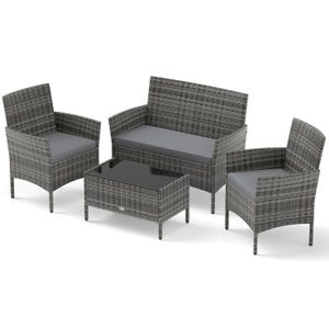 A 4-piece outdoor rattan furniture set featuring a loveseat, two armchairs with gray cushions, and a coffee table with a black glass top.