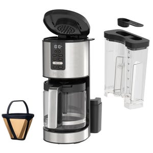 Stainless steel coffee maker with a digital display, accompanied by a filter basket and a separate water reservoir.