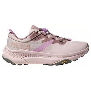 Pink HOKA sneaker with Gore-Tex and Vibram sole, featuring a breathable design and a cushioned midsole for comfort.