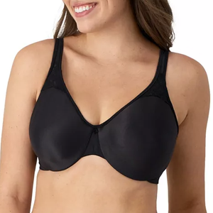 A black seamless underwire bra with wide shoulder straps, featuring lace detailing at the top of the cups. The bra is designed for support and comfort.
