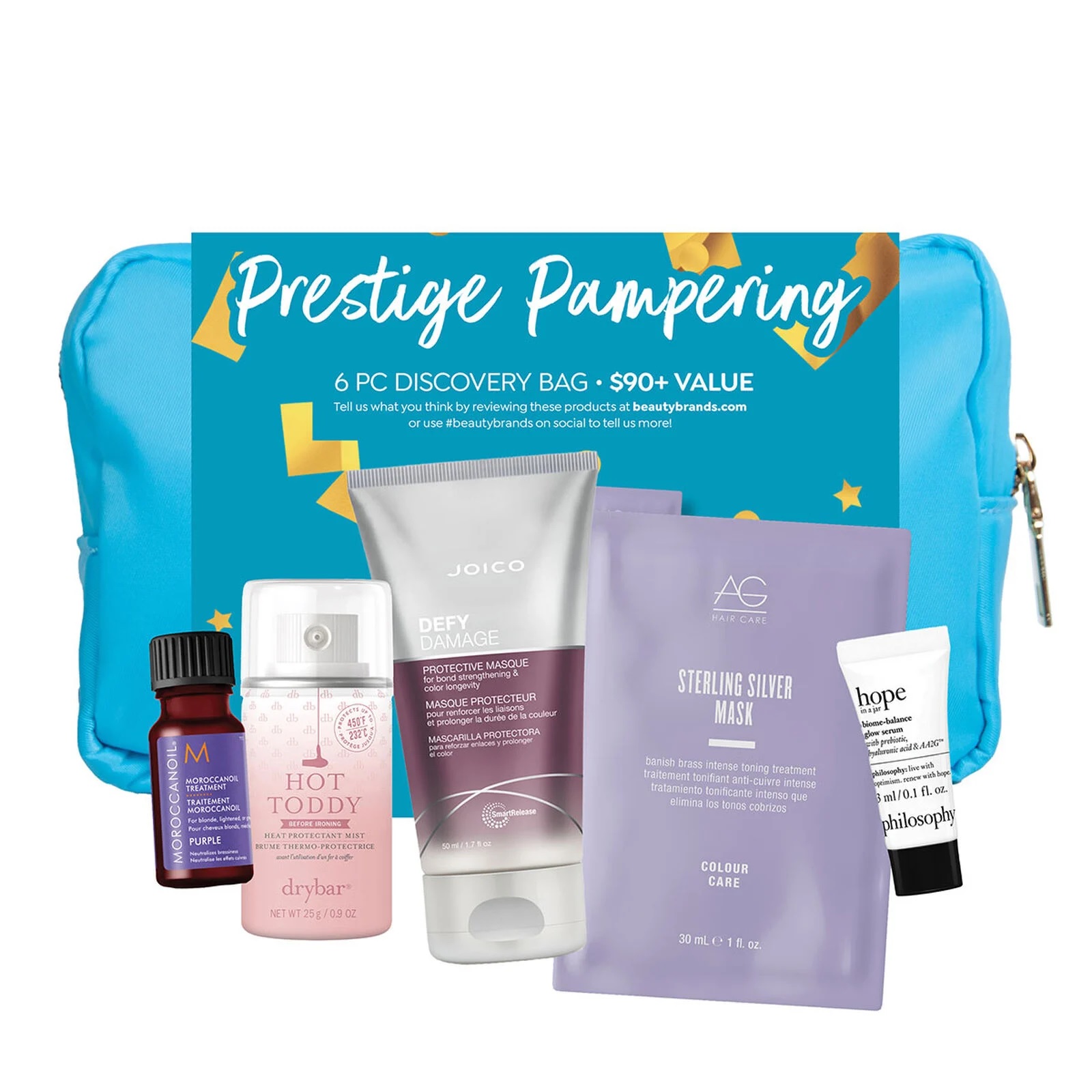 A collection of hair care items including a protective masque, silver hair mask, heat protectant spray, and other beauty products with a blue bag.