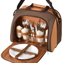 Brown picnic backpack with plates, cutlery, napkins, and glasses secured inside.
