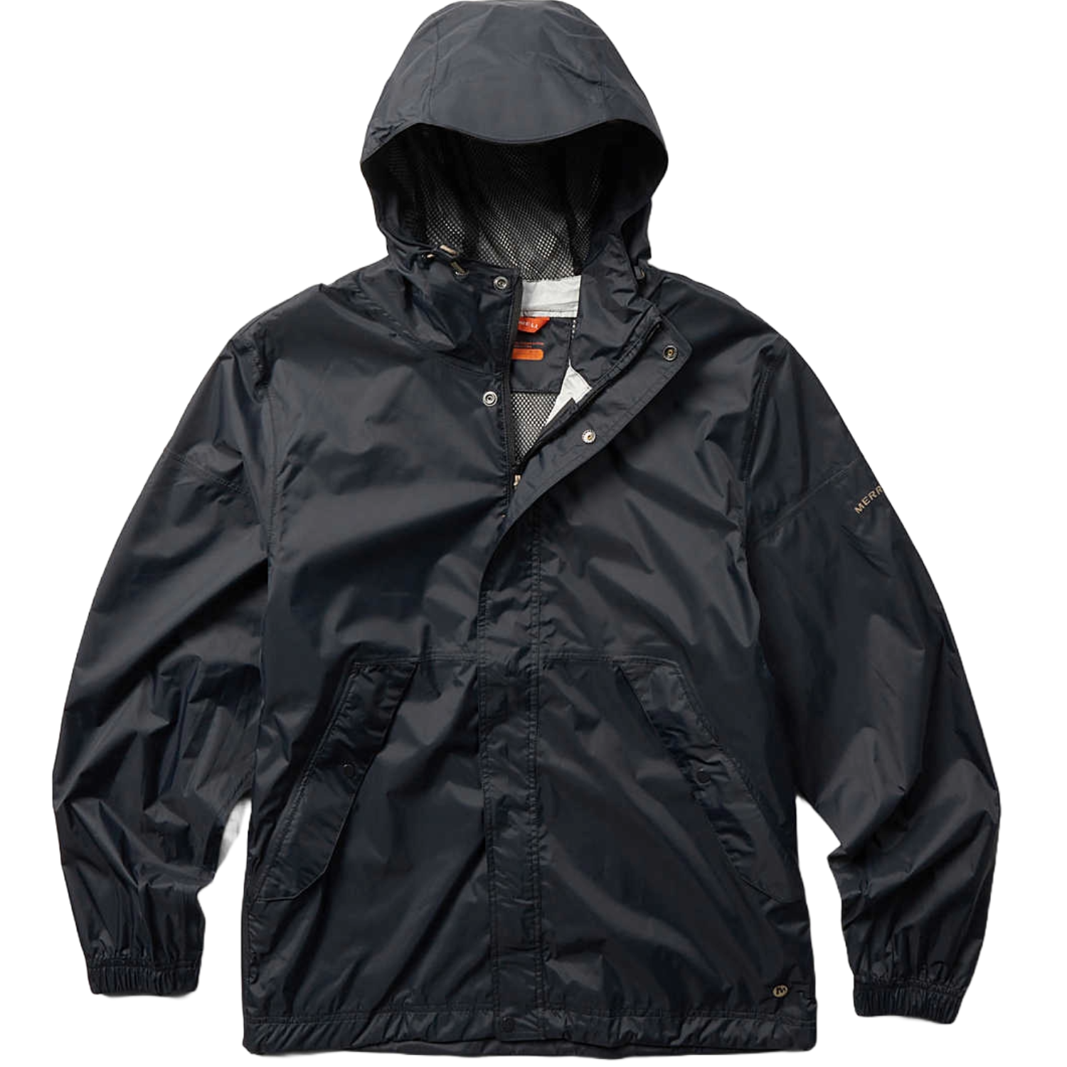 The Merrell Fallon Rain Shell Jacket is a lightweight, hooded jacket with a sleek black design. It features a mesh lining for breathability, elastic cuffs, and front pockets, ideal for wet weather.