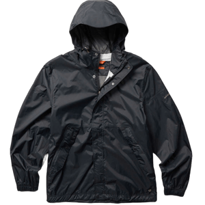 The Merrell Fallon Rain Shell Jacket is a lightweight, hooded jacket with a sleek black design. It features a mesh lining for breathability, elastic cuffs, and front pockets, ideal for wet weather.