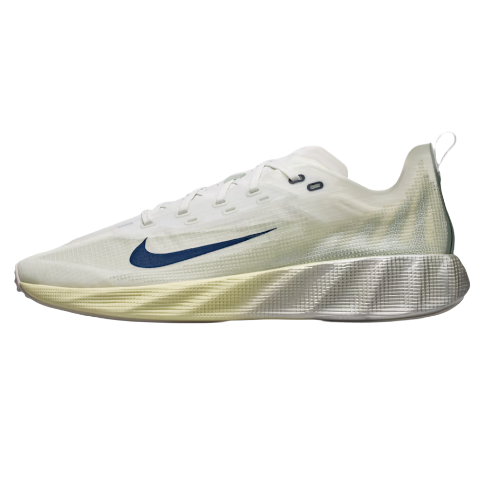 A white running shoe with a gradient midsole and a dark blue swoosh logo, featuring a textured, lightweight design with lace-up closure.