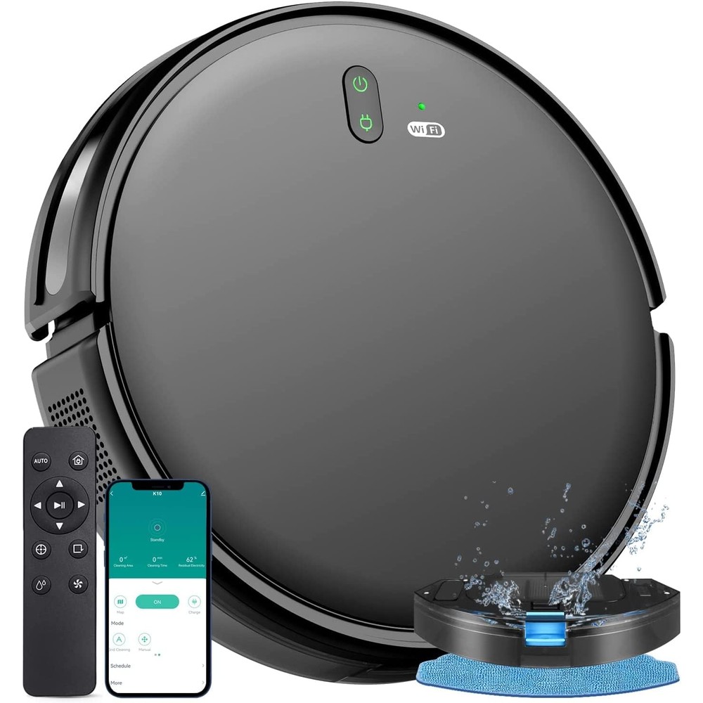 A robotic vacuum cleaner with Wi-Fi connectivity, a remote control, and a smartphone app interface is shown, featuring a wet mopping attachment.