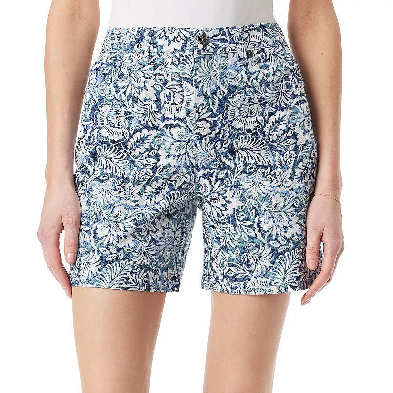 Women's patterned shorts with a floral print in blue and white.