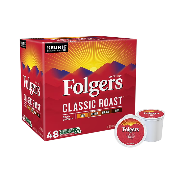 Folgers Classic Roast Keurig K-Cup Pods, 48-count, medium roast coffee.