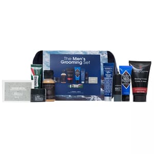 Men's grooming set featuring products like Proraso shaving cream, C.O. Bigelow body wash, Baxter exfoliating body bar, and Kiehl's facial fuel. Includes items from Lab Series, Jack Black, Cardon, and The Art of Shaving.