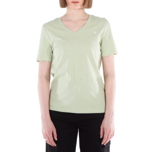Light green Calvin Klein cotton T-shirt with a V-neck and short sleeves, featuring a small embroidered badge on the upper left chest.