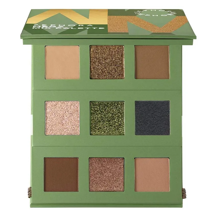 An eyeshadow palette featuring nine shades with a mix of matte and glitter finishes, housed in a green compact with a zigzag design on the lid.