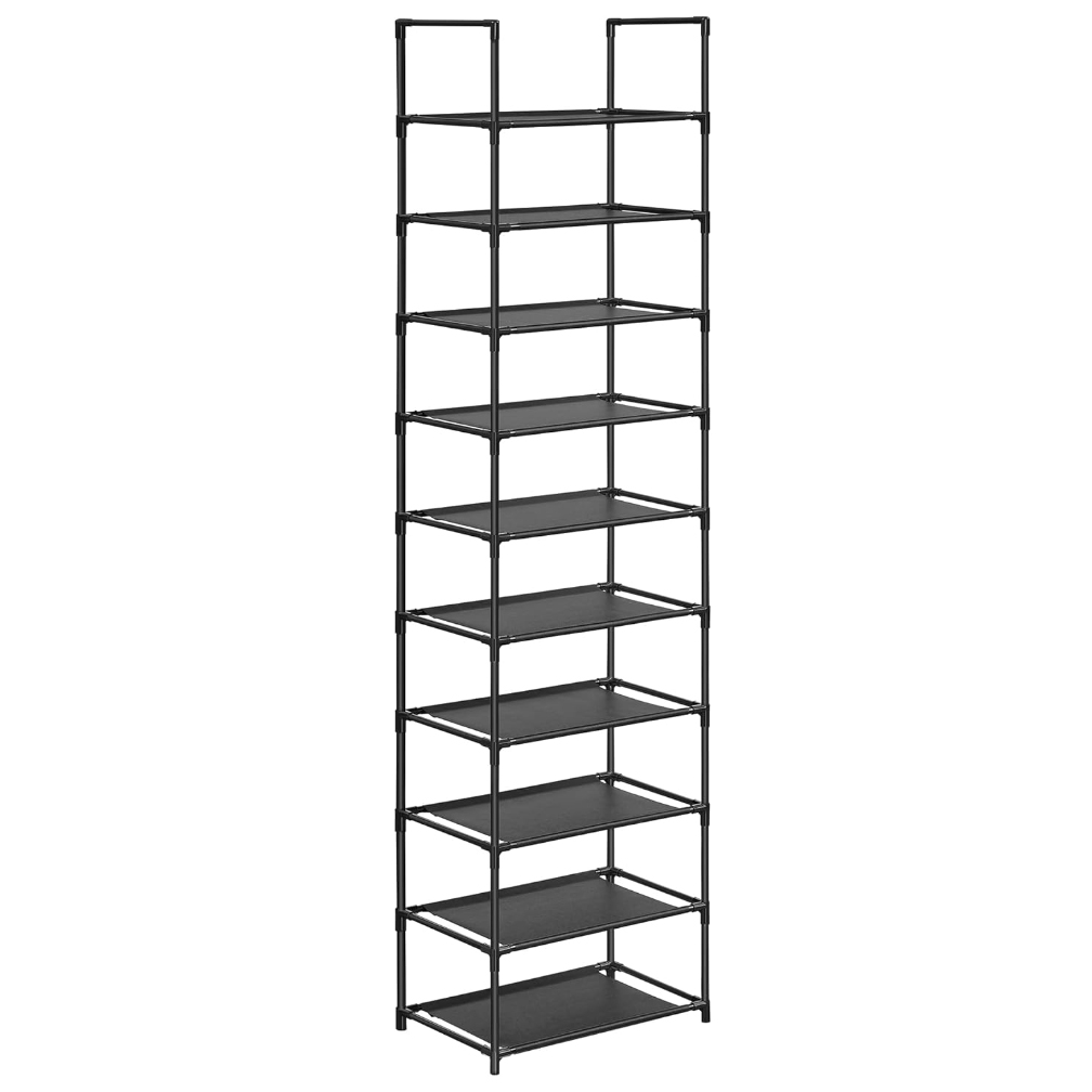 A black 10-tier metal shoe rack with a vertical design and rectangular shelves.