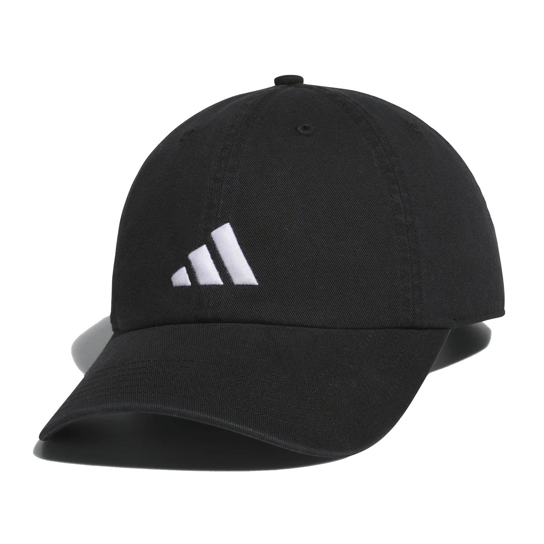 Black baseball cap featuring the Adidas logo embroidered in white on the front. Made from durable fabric with a curved brim and adjustable strap for a comfortable fit.