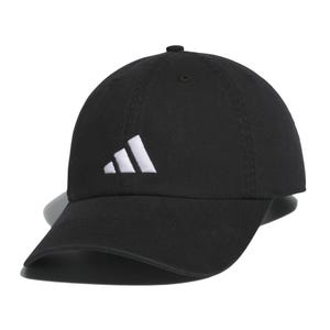 Black baseball cap featuring the Adidas logo embroidered in white on the front. Made from durable fabric with a curved brim and adjustable strap for a comfortable fit.
