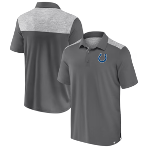 Gray polo shirt with short sleeves, featuring a heathered gray panel on top and a blue horseshoe logo on the front.