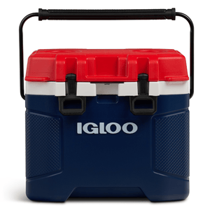 A blue, white, and red Igloo cooler with a black handle and secure latches.