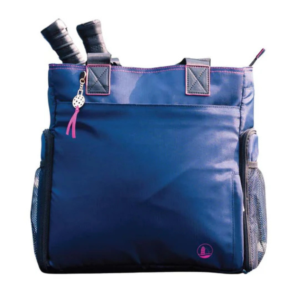 A blue tote bag with two tennis racquet handles protruding from the top, featuring black handles, side mesh pockets, and a decorative charm.