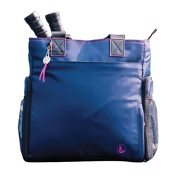 A blue tote bag with two tennis racquet handles protruding from the top, featuring black handles, side mesh pockets, and a decorative charm.