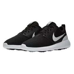 A pair of black and white athletic sneakers with a woven texture, featuring a prominent white swoosh logo on the side and a cushioned white sole.