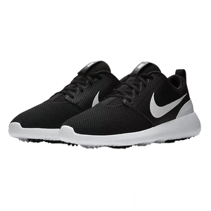 A pair of black and white athletic sneakers with a woven texture, featuring a prominent white swoosh logo on the side and a cushioned white sole.