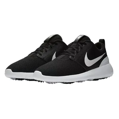 A pair of black and white athletic sneakers with a woven texture, featuring a prominent white swoosh logo on the side and a cushioned white sole.