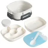 A five-piece bento lunch box set including a container, a lid, a smaller round container, a divided tray, and a spork resting on a blue tray.