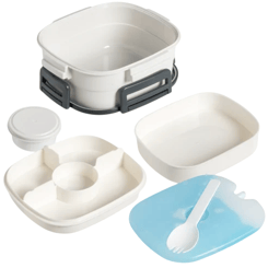 A five-piece bento lunch box set including a container, a lid, a smaller round container, a divided tray, and a spork resting on a blue tray.
