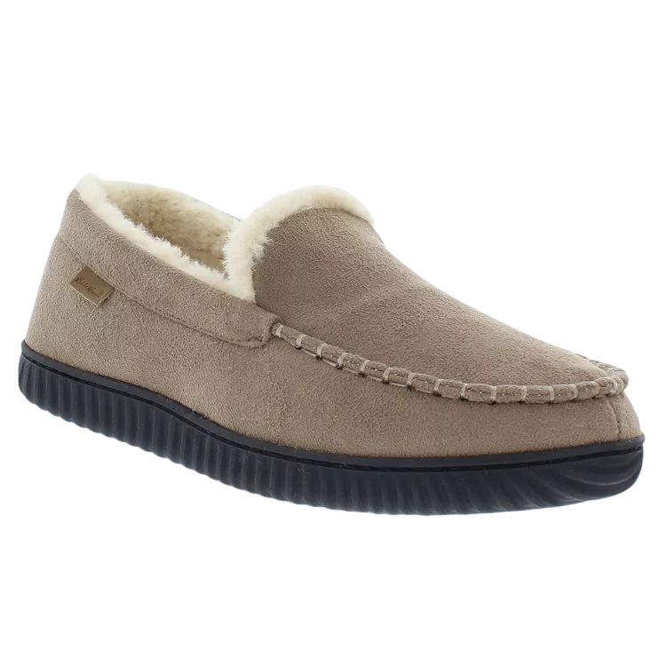 A tan moccasin-style slipper with a black rubber sole and plush interior lining.