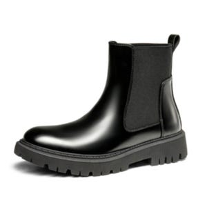 A black ankle-high boot with a sleek design, featuring elastic side panels, a pull tab at the back, and a thick rubber sole for added grip.