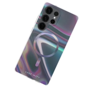 Case-Mate Galaxy S25 case features a glossy, iridescent design with a large circular MagSafe-compatible symbol. It has precise cutouts for the camera and buttons, offering stylish and functional protection.