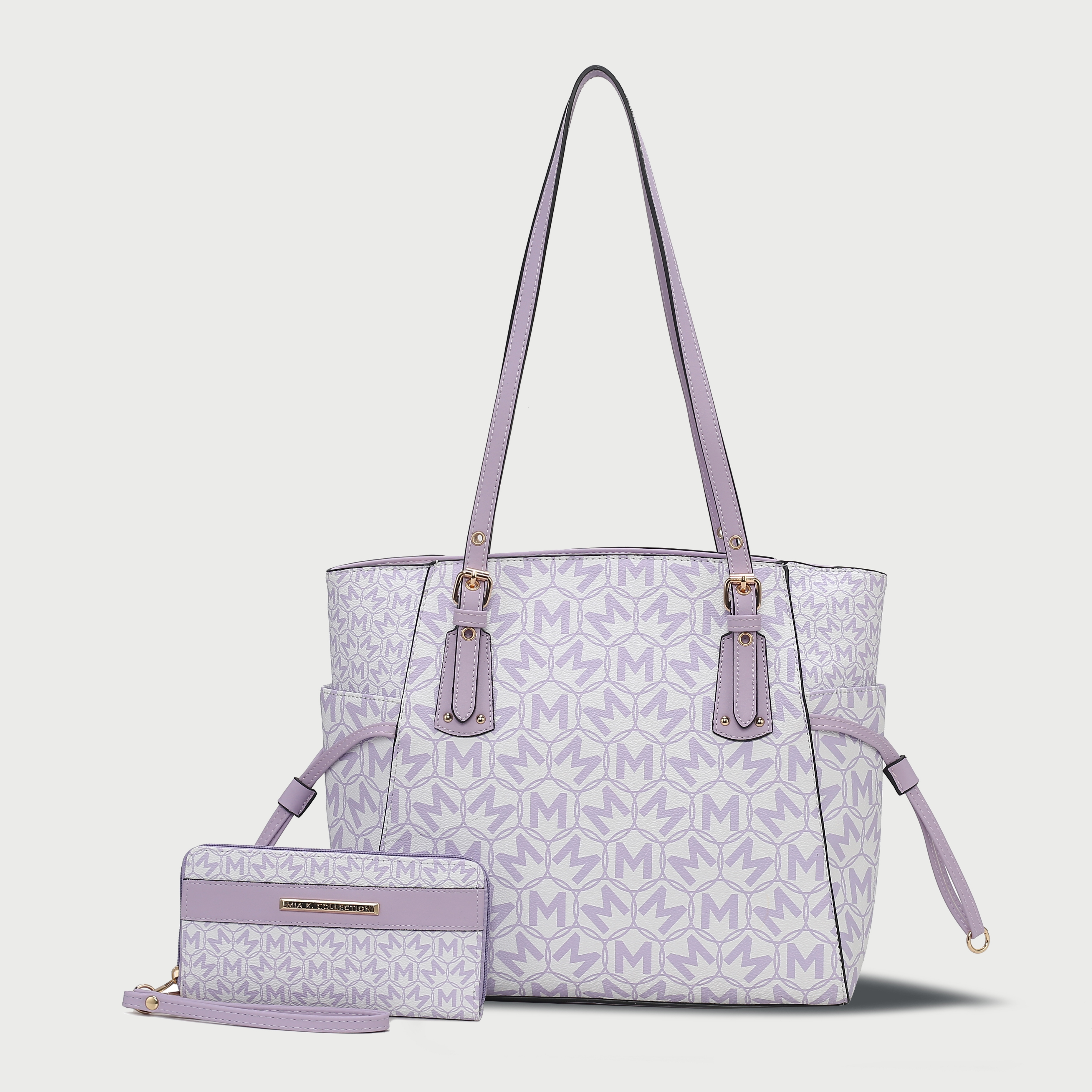 Lavender tote bag and matching wallet set featuring an allover monogram pattern and gold-tone hardware; the tote has side pockets and a long strap.