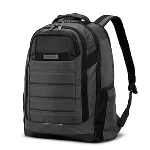A black and gray Samsonite backpack featuring multiple zippered compartments, padded front panel, and side mesh pockets. It has adjustable shoulder straps and a top handle for easy carrying.