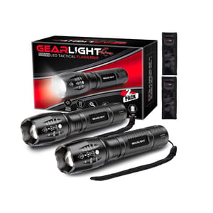 Two black, LED tactical flashlights with wrist straps, displayed next to their packaging and carrying pouches.