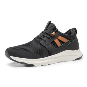 A black athletic sneaker with mesh material, lace-up closure, brown accents, and a white sole.