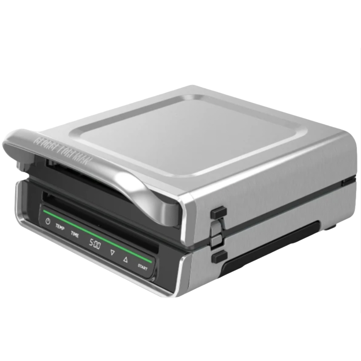 The George Foreman Smokeless Indoor Grill features a sleek, compact design with a silver finish, digital controls for temperature and time, and a non-stick grilling surface.