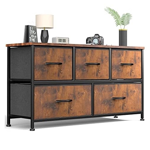 A 5-drawer dresser with a rustic wooden finish and black metal frame. It features two smaller drawers on top and three larger drawers below, with minimalist black handles, and serves as both storage and a tabletop surface for decor and electronics.