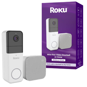 Roku Wire-free Video Doorbell & Chime, featuring battery or wired options, allowing easy addition of a doorbell to any home.