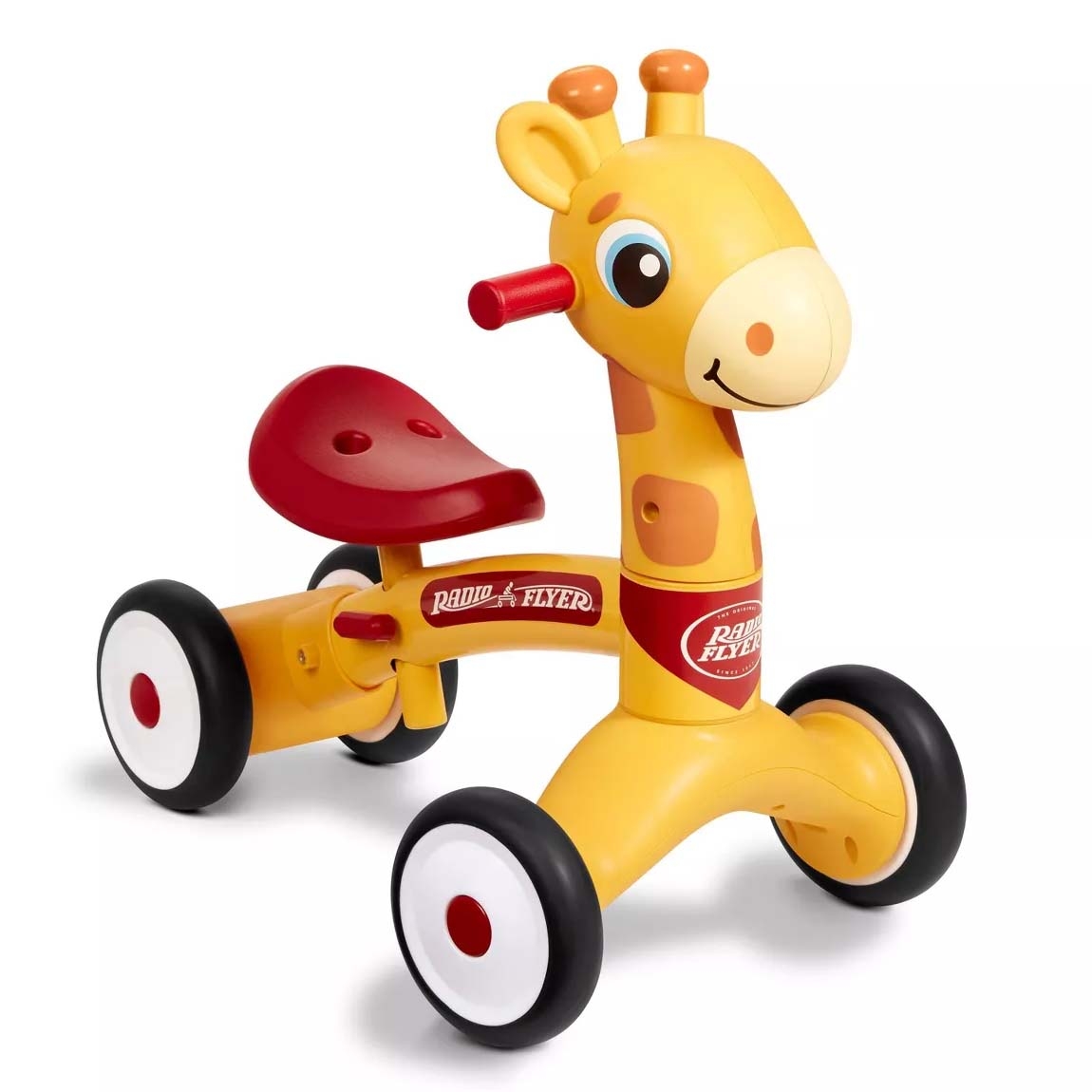 The Radio Flyer Giraffe Ride-On is a bright yellow and orange ride-on toy resembling a giraffe, with a red seat and handle, three wheels, and smooth-rolling tires designed for young children.