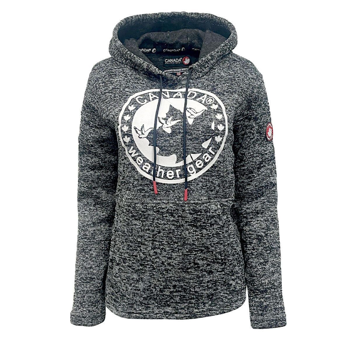 Gray women's hoodie with a front pocket, featuring \“Canada Weather Gear\“ text and logo on the front and a maple leaf patch on the sleeve.