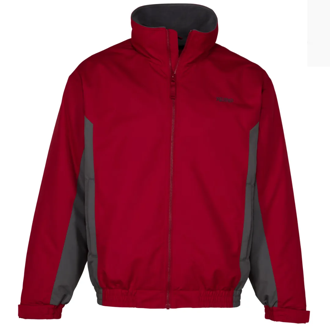 Red and gray men's outdoor jacket with full-zip front and stand-up collar.
