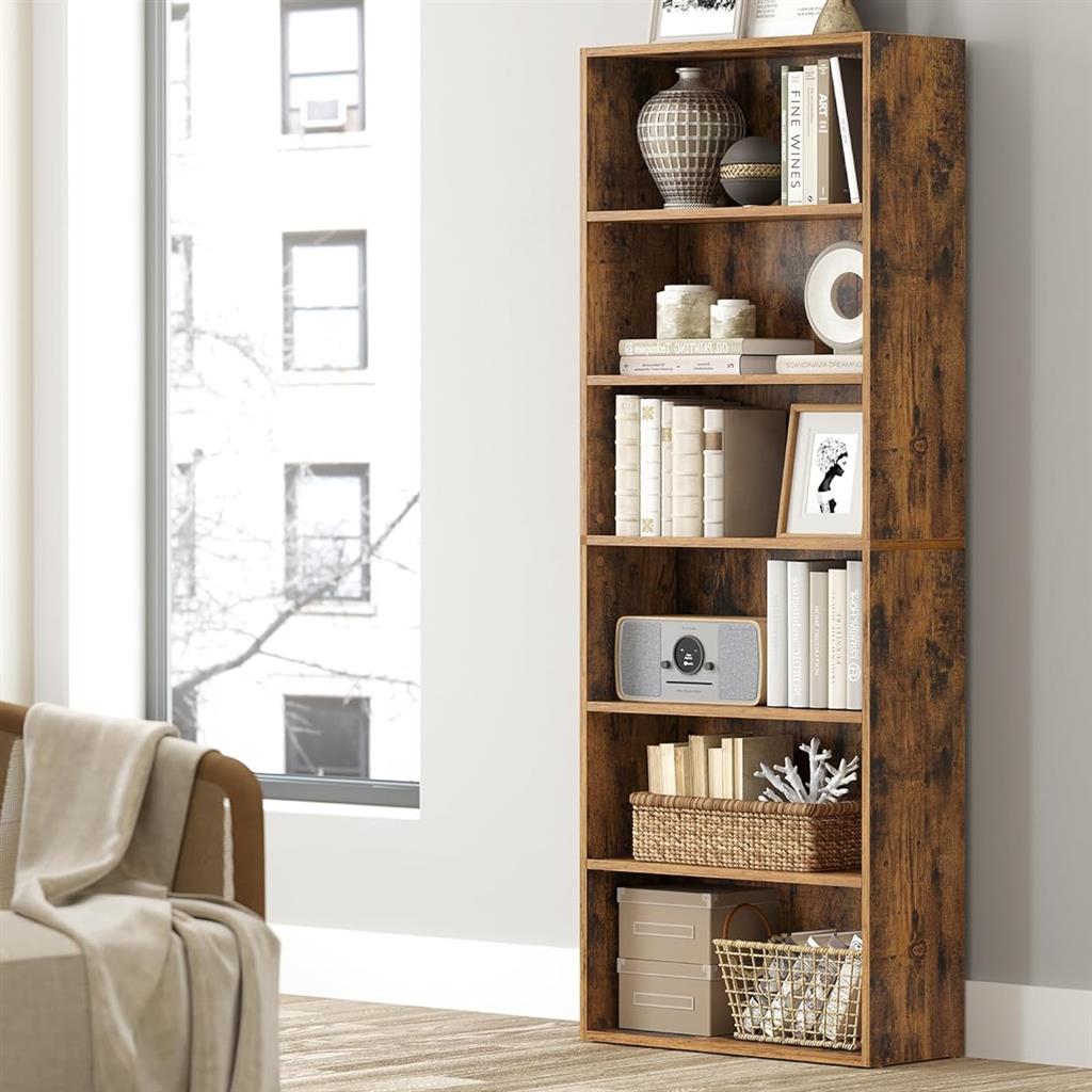 A tall wooden bookshelf with various decorative items and books, placed next to a window in a bright room.